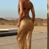 Abaco Embellished Hardware-Detail Strappy Maxi Skirt in Gold