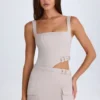 Acadia Belted Cut-Out Mini Dress in Taupe