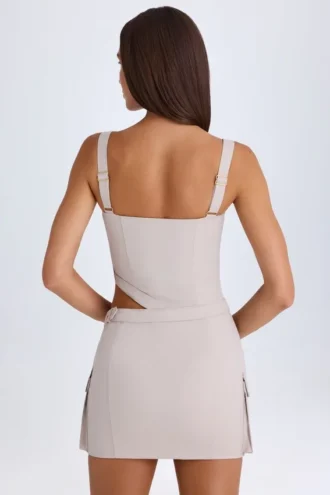 Acadia Belted Cut-Out Mini Dress in Taupe