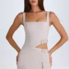 Acadia Belted Cut-Out Mini Dress in Taupe