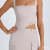 Acadia Belted Cut-Out Mini Dress in Taupe