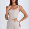 Acadia Belted Cut-Out Mini Dress in Taupe