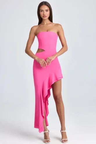 Acelynn Bandeau Cut-Out Ruffle-Trim Maxi Dress in Lollipop Pink