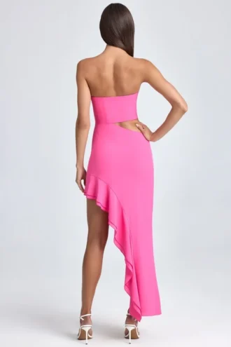 Acelynn Bandeau Cut-Out Ruffle-Trim Maxi Dress in Lollipop Pink
