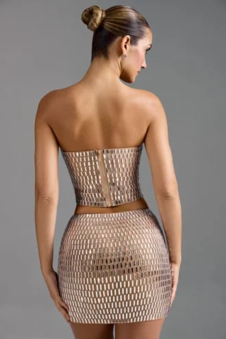 Adaia Embellished Low-Rise Micro Mini Skirt in Almond