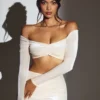 Adele Velvet Off-Shoulder Ruched Crop Top in Ivory