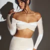 Adele Velvet Off-Shoulder Ruched Crop Top in Ivory