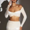 Adele Velvet Off-Shoulder Ruched Crop Top in Ivory