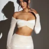 Adele Velvet Off-Shoulder Ruched Crop Top in Ivory