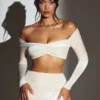 Adele Velvet Off-Shoulder Ruched Crop Top in Ivory