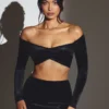 Adele Velvet Off-Shoulder Ruched Crop Top in Jet Black