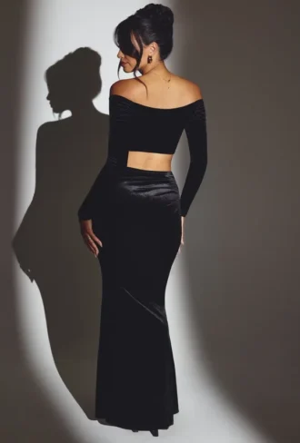 Adele Velvet Off-Shoulder Ruched Crop Top in Jet Black