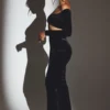 Adele Velvet Off-Shoulder Ruched Crop Top in Jet Black
