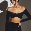 Adele Velvet Off-Shoulder Ruched Crop Top in Jet Black
