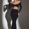 Adele Velvet Off-Shoulder Ruched Crop Top in Jet Black