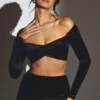 Adele Velvet Off-Shoulder Ruched Crop Top in Jet Black