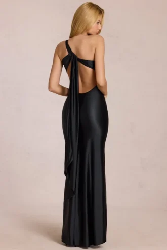Adelina Asymmetric Tie-Back Gown in Black