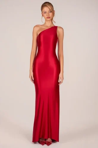 Adelina Asymmetric Tie-Back Gown in Rose Red