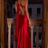 Adelina Asymmetric Tie-Back Gown in Rose Red
