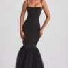 Adelpha Tulle Hem Fishtail Gown in Black