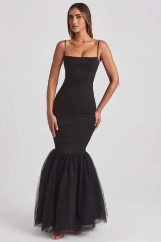 Adelpha Tulle Hem Fishtail Gown in Black