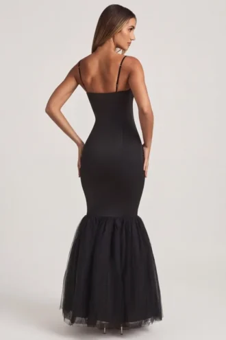 Adelpha Tulle Hem Fishtail Gown in Black