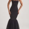 Adelpha Tulle Hem Fishtail Gown in Black