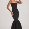 Adelpha Tulle Hem Fishtail Gown in Black