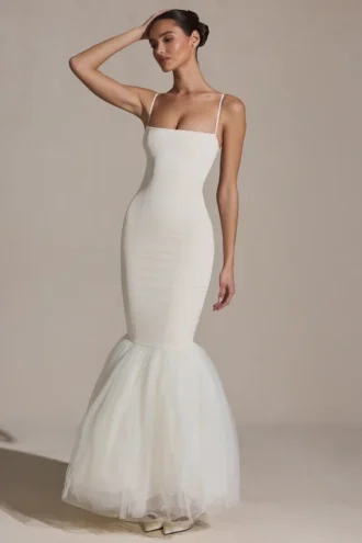 Adelpha Tulle Hem Fishtail Gown in Ivory