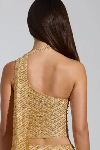 Adhara Embellished Low-Rise A-Line Micro Mini Skirt in Gold