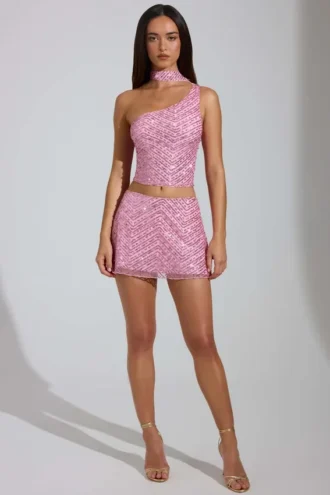 Adhara Embellished Low-Rise A-Line Micro Mini Skirt in Pink