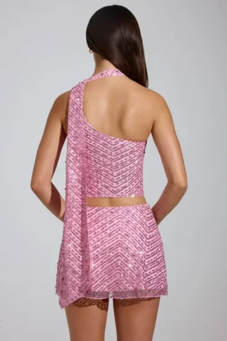 Adhara Embellished Low-Rise A-Line Micro Mini Skirt in Pink