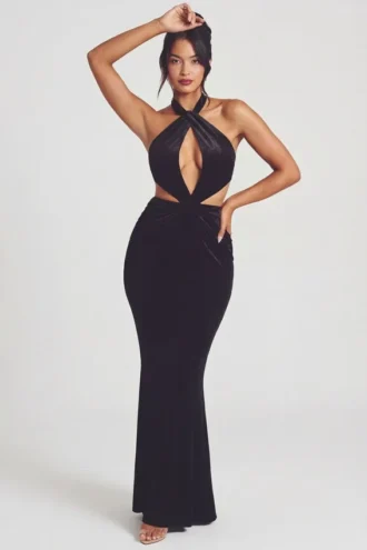 Adriana Velvet Halter Neck Maxi Dress in Jet Black