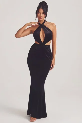 Adriana Velvet Halter Neck Maxi Dress in Jet Black