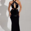 Adriana Velvet Halter Neck Maxi Dress in Jet Black