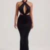 Adriana Velvet Halter Neck Maxi Dress in Jet Black