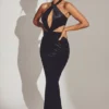 Adriana Velvet Halter Neck Maxi Dress in Jet Black