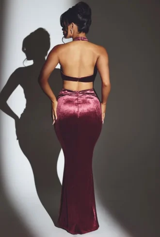 Adriana Velvet Halter Neck Maxi Dress in Wine