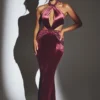 Adriana Velvet Halter Neck Maxi Dress in Wine