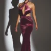 Adriana Velvet Halter Neck Maxi Dress in Wine