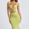 Aelia Modal Ruched Hardware Detail Cut-Out Midaxi Dress in Olive Green