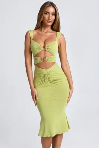 Aelia Modal Ruched Hardware Detail Cut-Out Midaxi Dress in Olive Green