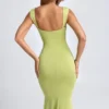 Aelia Modal Ruched Hardware Detail Cut-Out Midaxi Dress in Olive Green