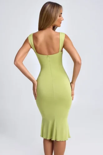 Aelia Modal Ruched Hardware Detail Cut-Out Midaxi Dress in Olive Green