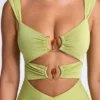 Aelia Modal Ruched Hardware Detail Cut-Out Midaxi Dress in Olive Green