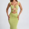Aelia Modal Ruched Hardware Detail Cut-Out Midaxi Dress in Olive Green