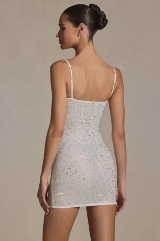 Aellin Embellished Bodycon Mini Dress in White