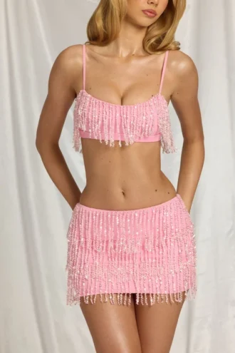 Nessa Fringed Low-Rise Mini Skirt in Candyfloss Pink