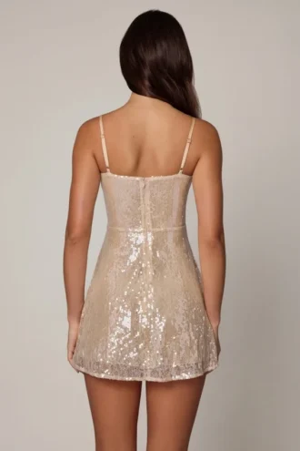 Agentha Embellished V-neck Lace Mini Dress in Pale Peach