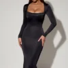 Aimee Cowl-Neck Long-Sleeve Midaxi Dress in Black